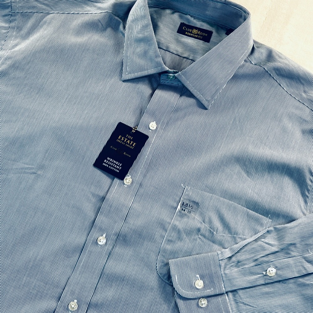 Club Room Mens Regular Fit Wrinkle Resistant Dress Shirt Blue Stripe 18.5 34/35